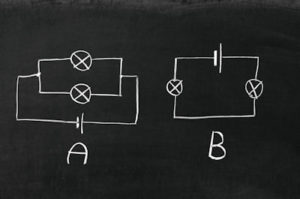 The electrical diagram drawn on a blackboard with chalk